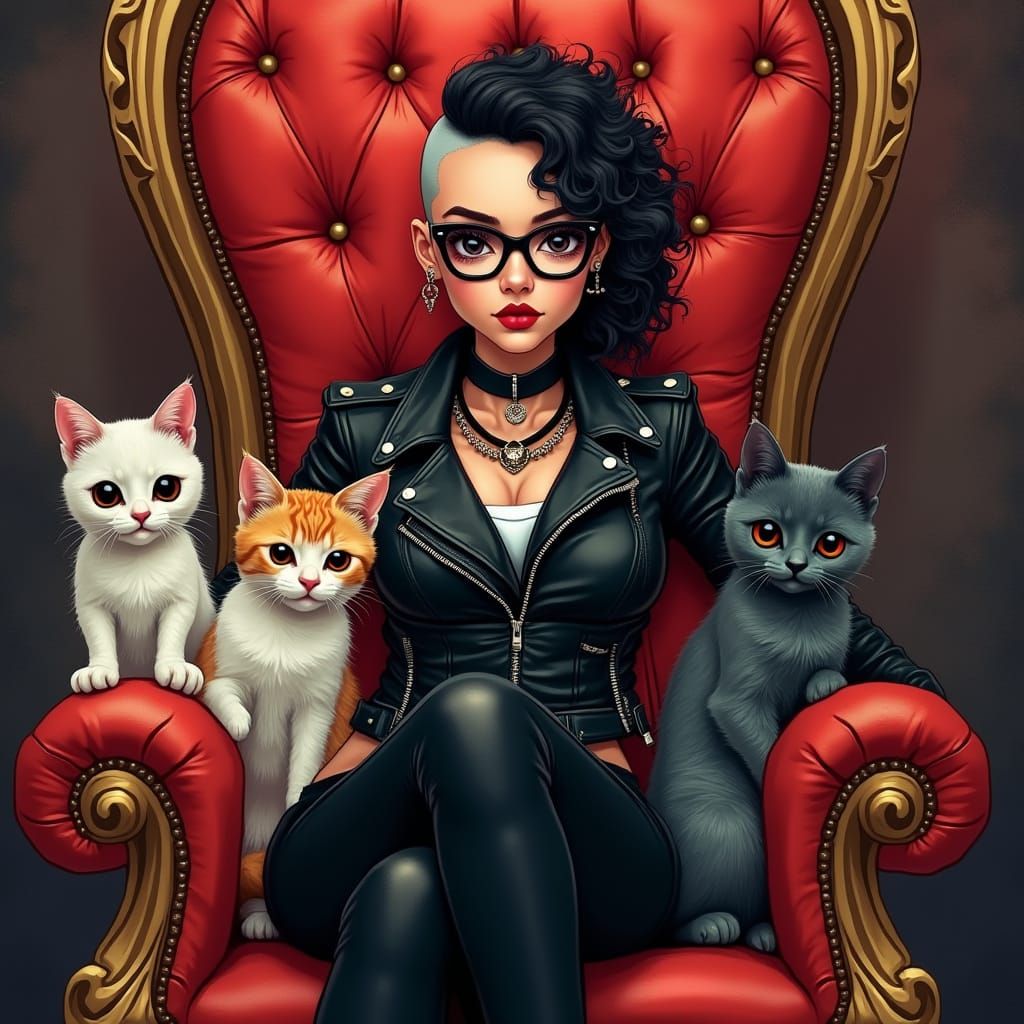 Edgy Woman with Cats in Bold Digital Art Style