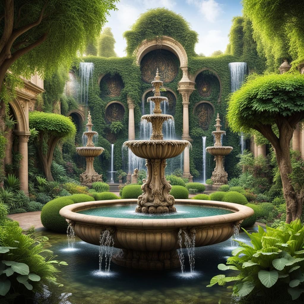 Enchanted Garden with Magical Plants and Fountains