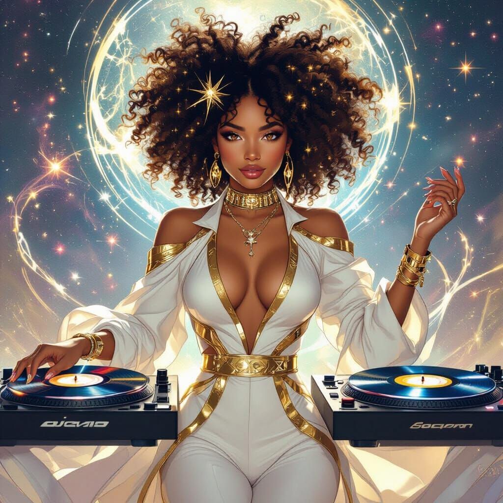 Cosmic Afro-Latina DJ in Nebulae, Afrofuturism Art
