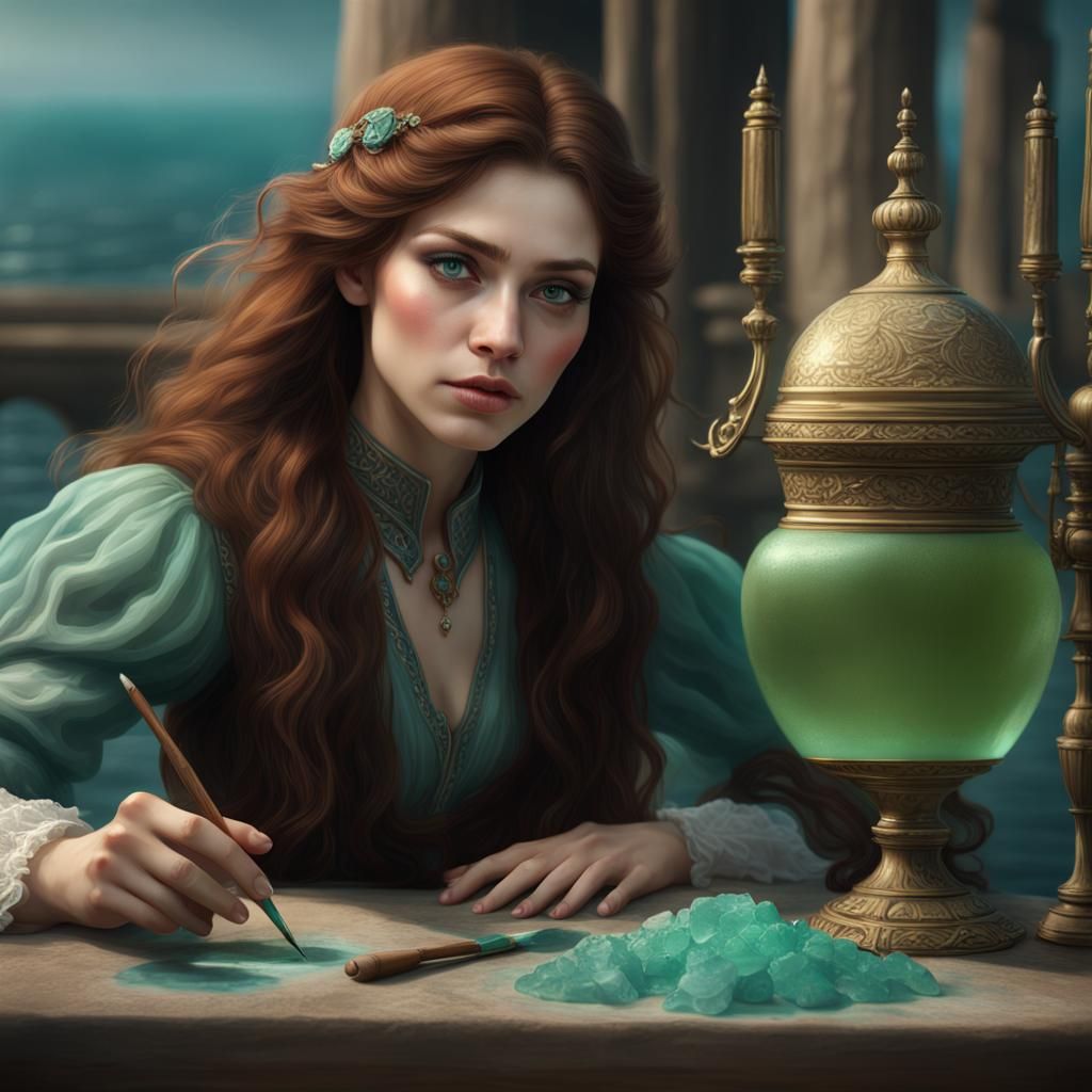 A young woman, learning to paint seaglass in Romanov District 1915