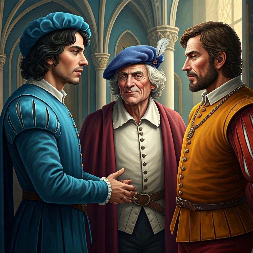 Medieval Lords Conferring in Blue Hallway