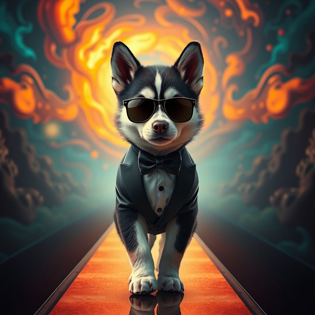 Elegant Husky Puppy Walks the Red Carpet in a Tuxedo and Sha...