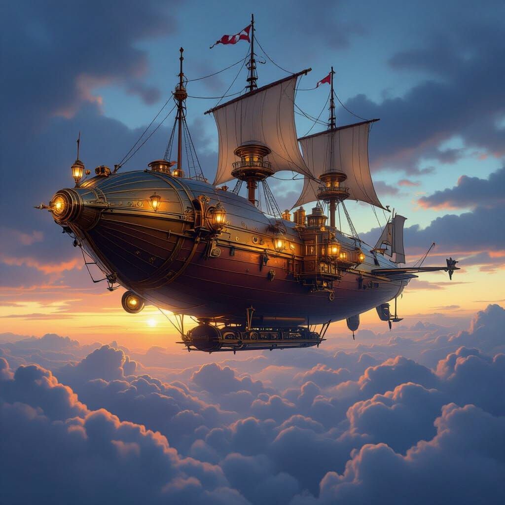 Steampunk Airship Soars at Twilight in Digital Matte Paintin...