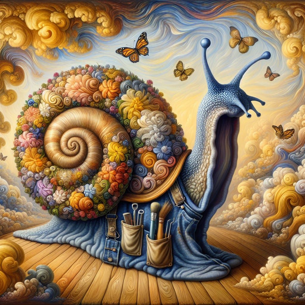 Snail Craftsman in a Surreal Romantic Landscape