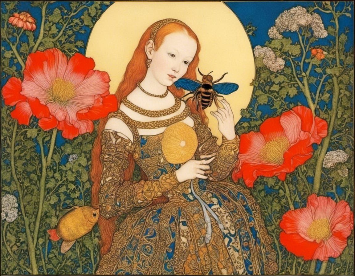 Golden Bee and Flowers in Fairytale Style