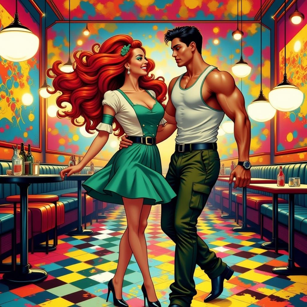 Vibrant Retro-Futuristic Diner Scene in Pop Art Style