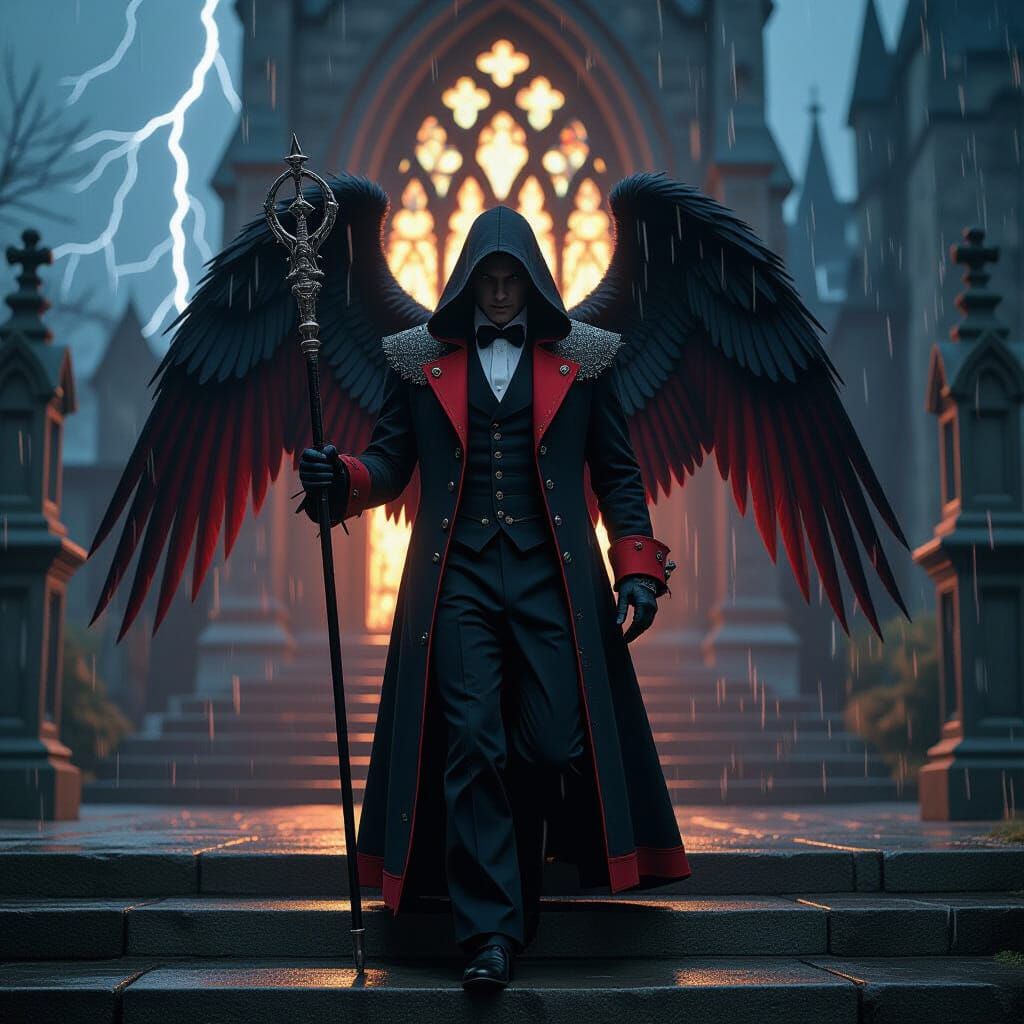 Victorian Angel Walking in Rain, Hyperrealistic Style