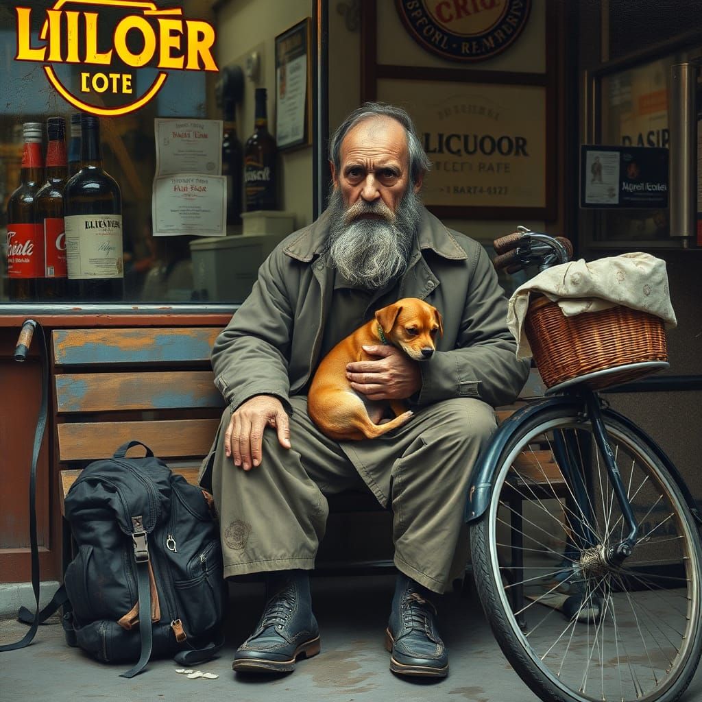 Gritty Portrait of Homeless Man with Dog, Hyperrealistic Oil...