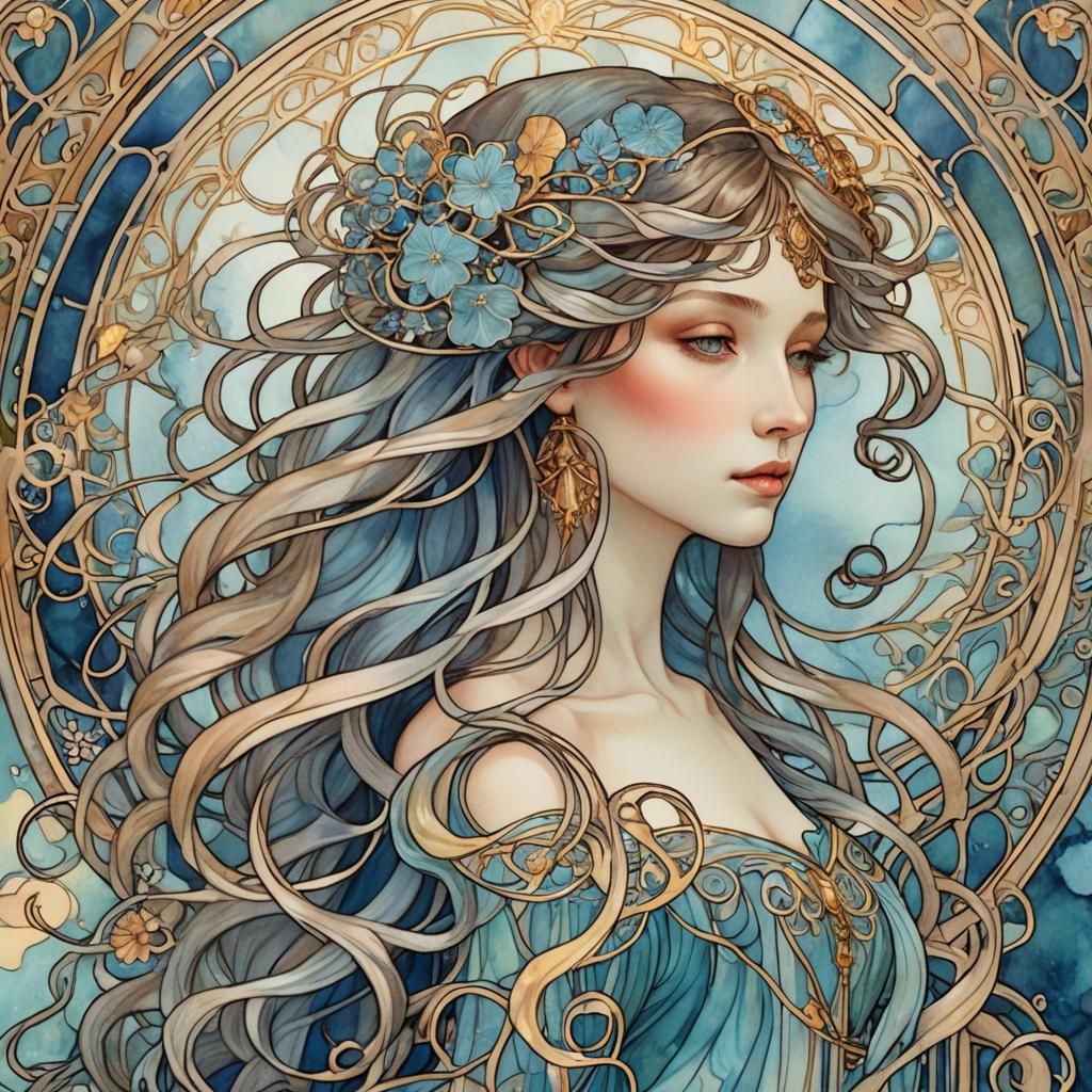 Art Nouveau Mythical Creature Portrait in Watercolor Style