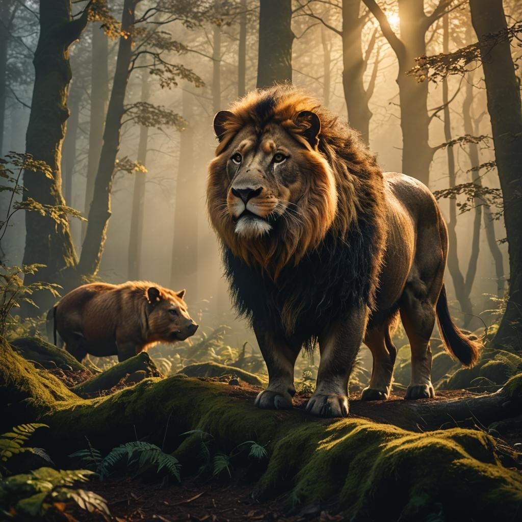 Majestic Pig-Lion Creature in Misty Forest
