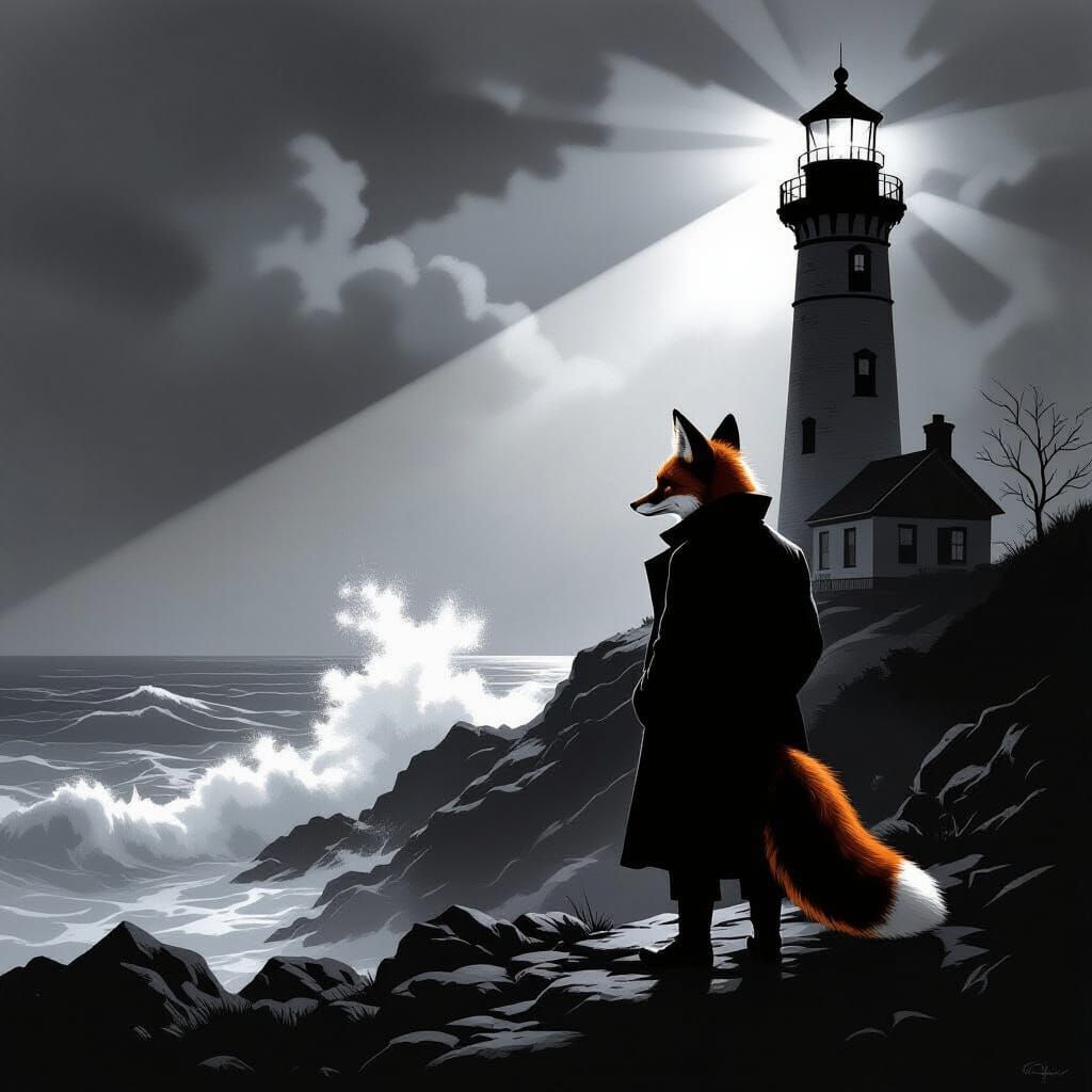 Film Noir Fox Detective at Lighthouse