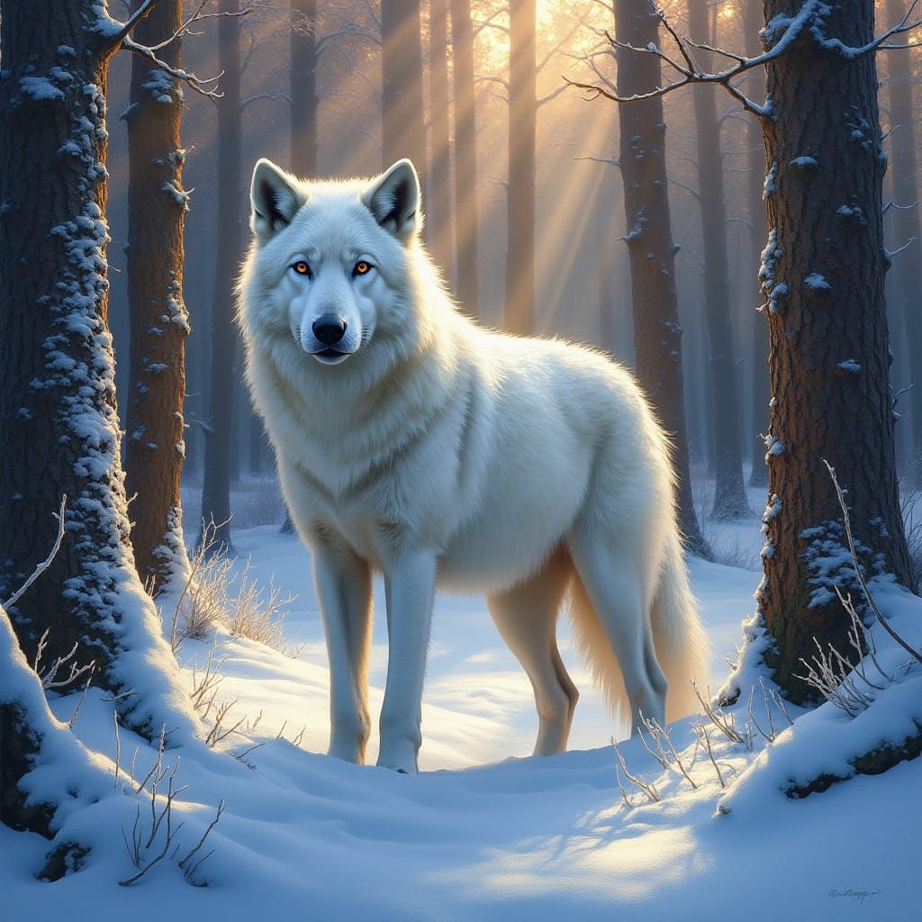 Majestic White Wolf in Winter Forest, Chiaroscuro Masterpiec...