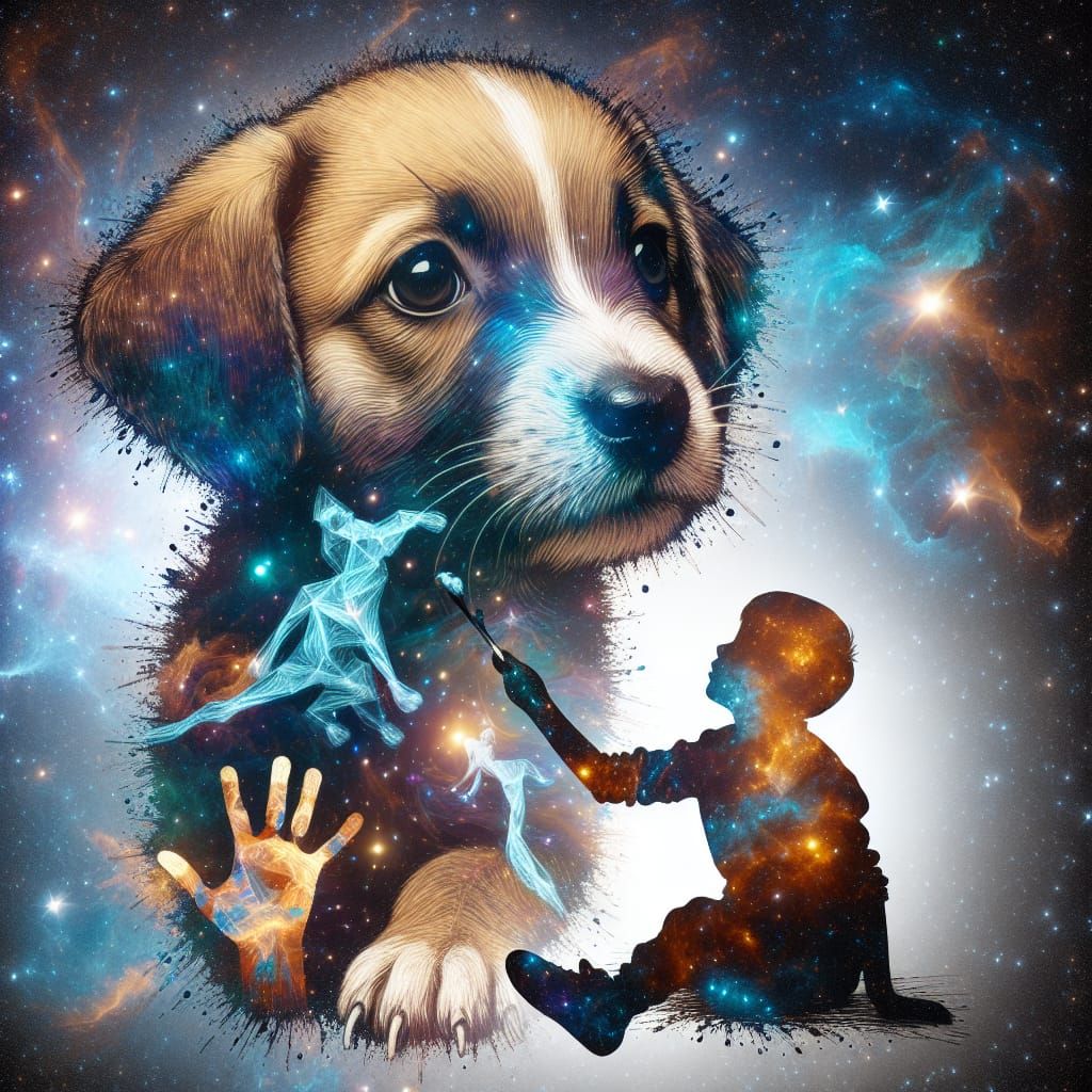Double Exposure Dog with Galaxy, Fantasycore Splash Art