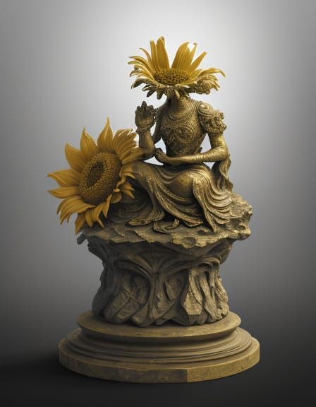 Surreal Stone Sunflower Statue Holding Figure in Dreamlike L...