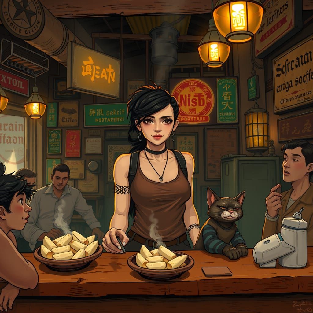 Eclectic Pub Scene with Mutated Egg Rolls and Whimsical Deco...