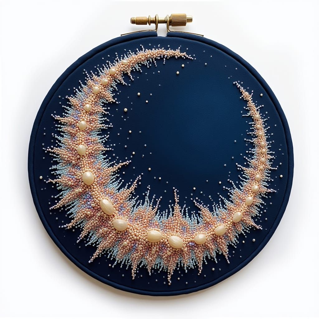 Hyper-Realistic Crescent Moon Bead Embroidery with Radiant L...