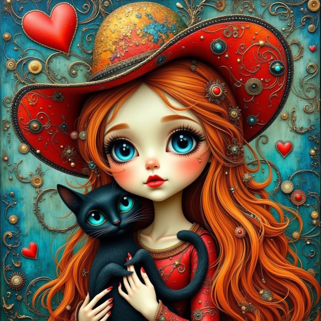 Whimsical Mixed Media Portrait of a Woman with Red and Gold ...