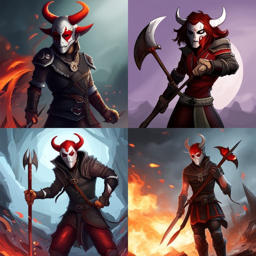 Tiefling Bandit with Skull Mask and Flaming Axe