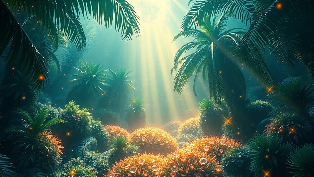 Bioluminescent Fractal Tropical Scene in Alcohol Ink Style