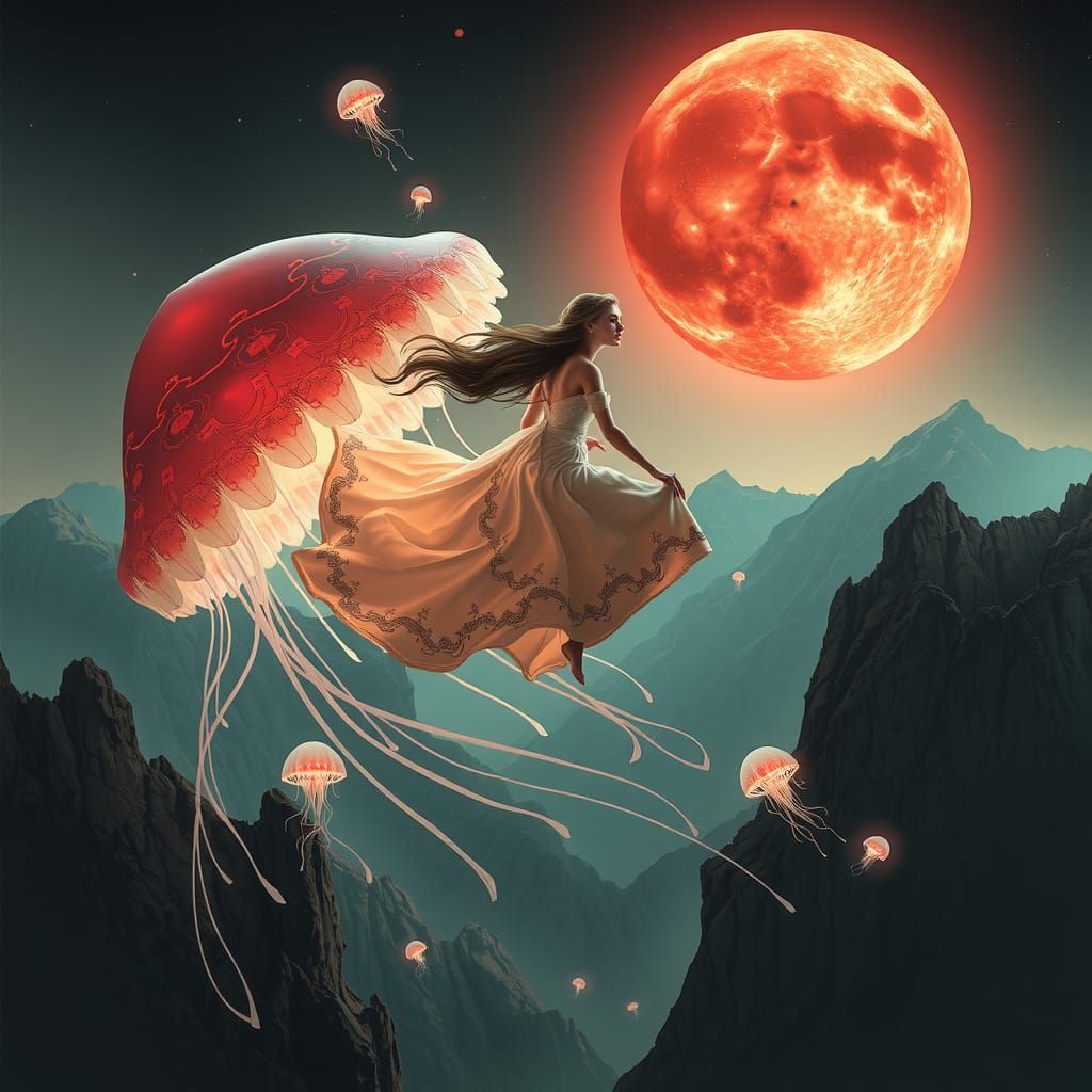 A princess fly with jellyfish in mythical mounts