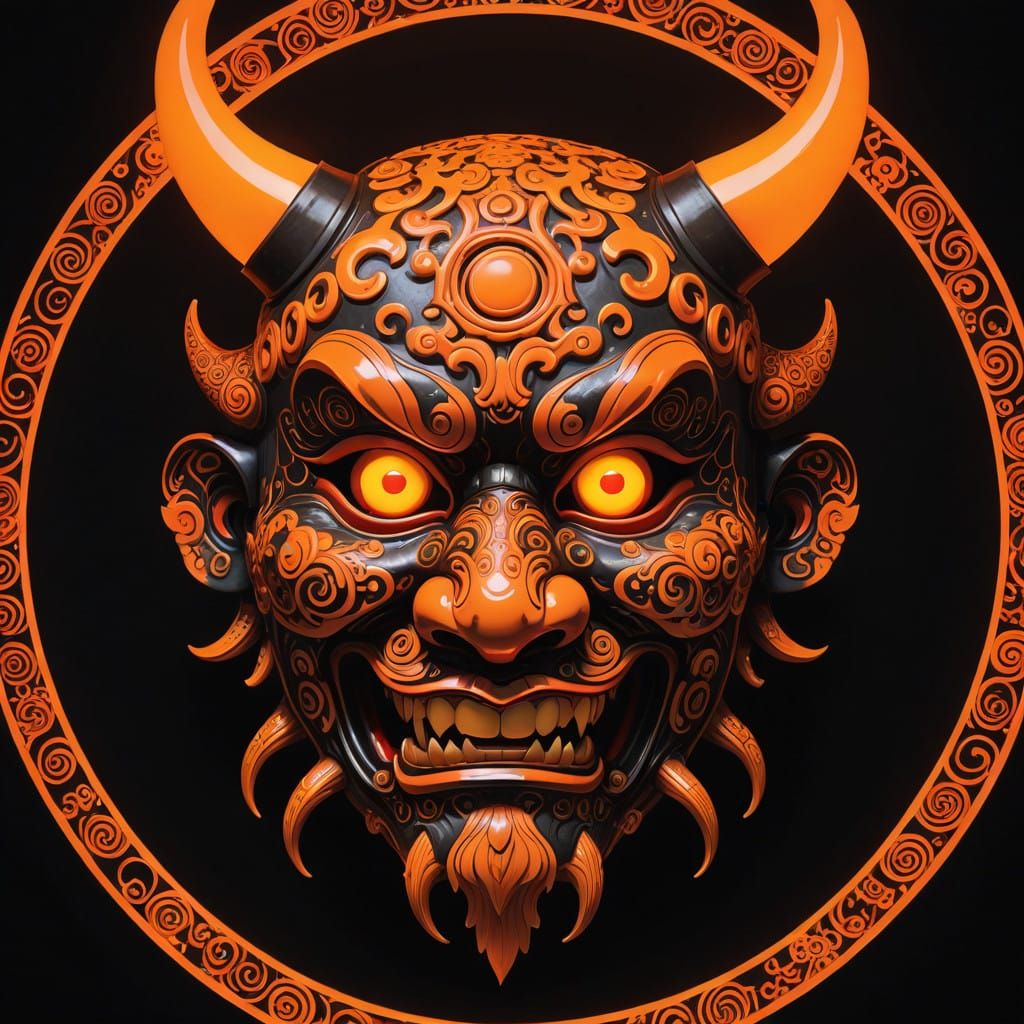 Surreal Neon Oni Mask Radiates Vibrant Light