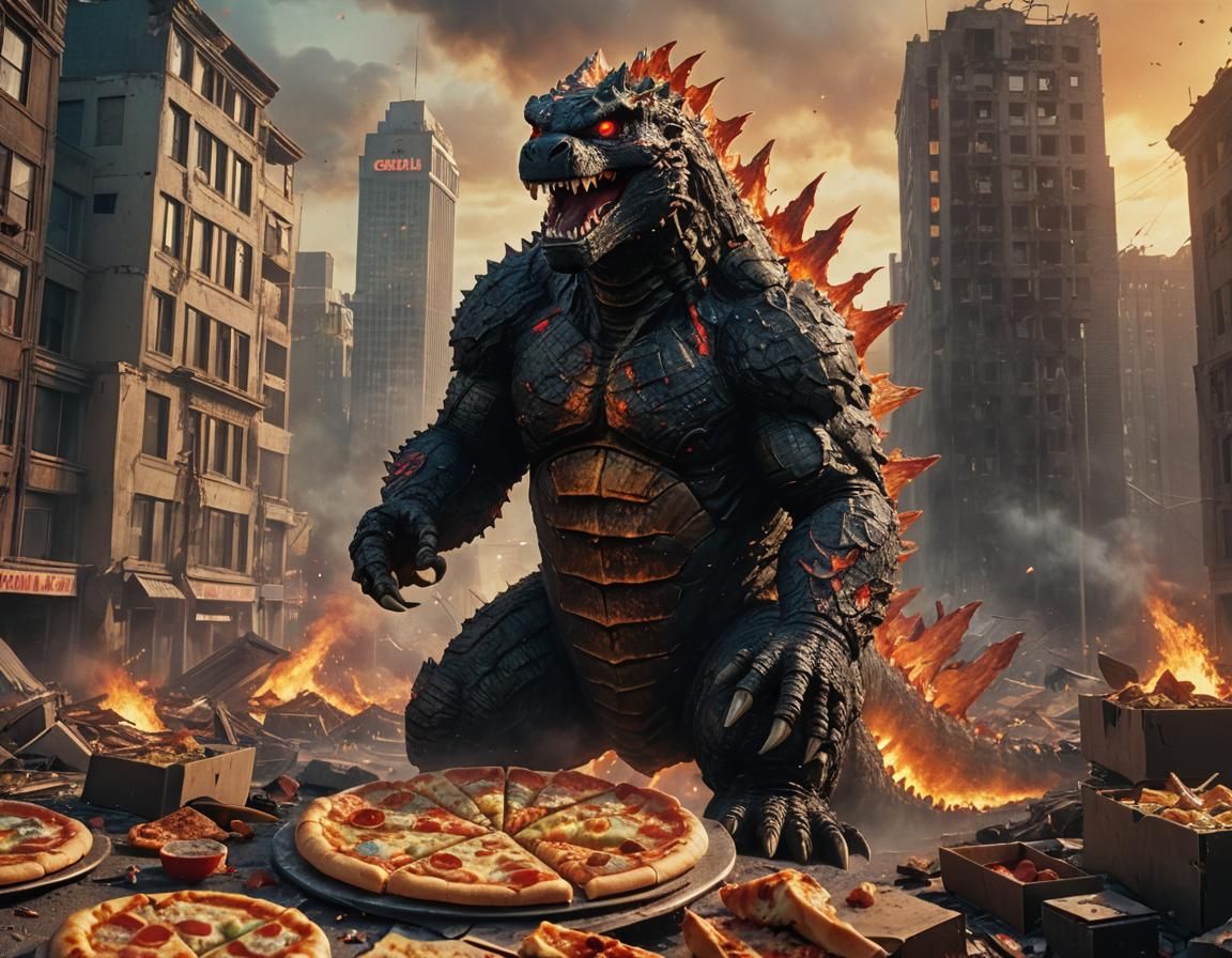 Godzilla Eats Pizza in Destroyed City