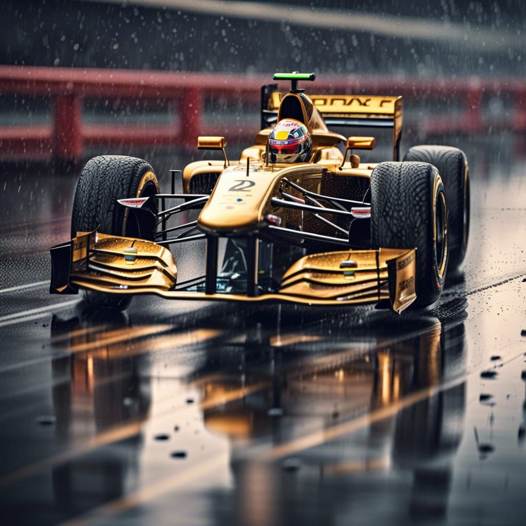 Gold Formula 1 Car Races in Pouring Rain