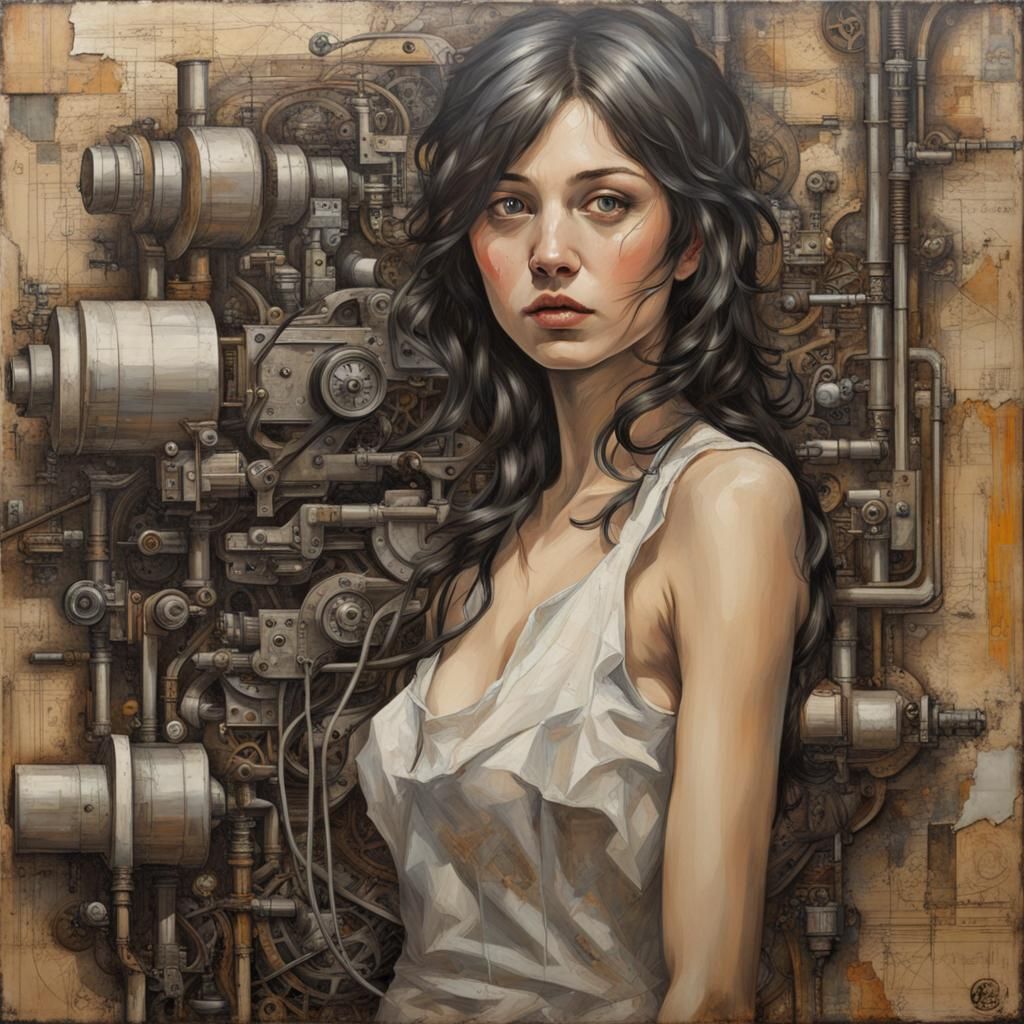 Lovers Embraced by Machines: An Oil Painting