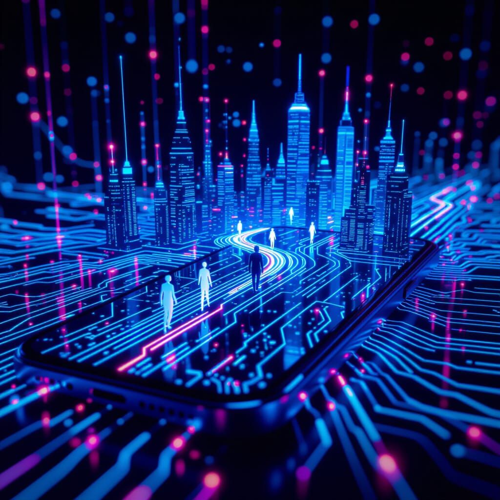 Fiber Optic Cityscape Inside Smartphone, Cyberpunk Digital A...