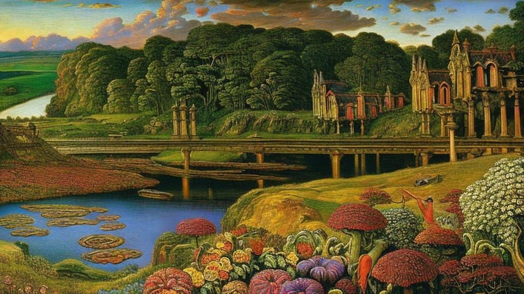 Apocalyptic Horror Landscape with Skulls and Red Sky