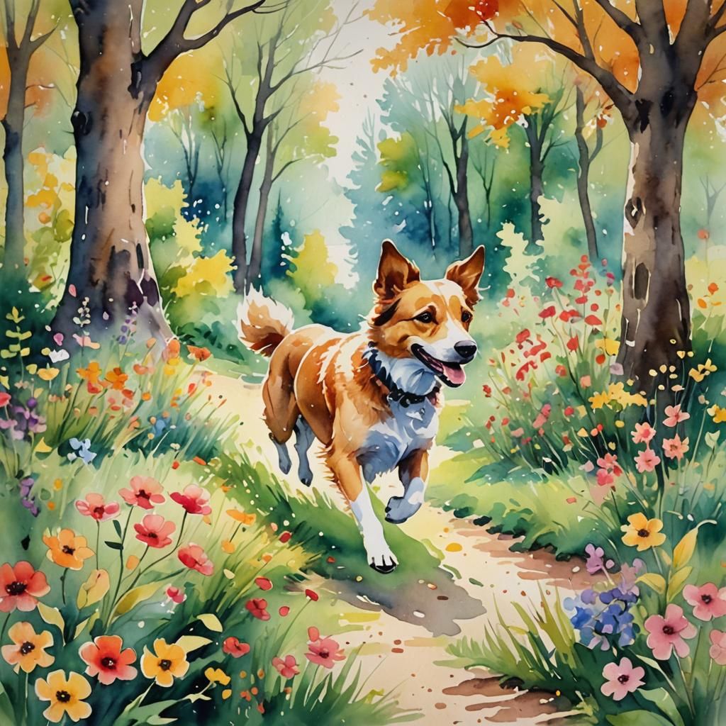 Dog's Joyful Run: Whimsical Watercolor Landscape