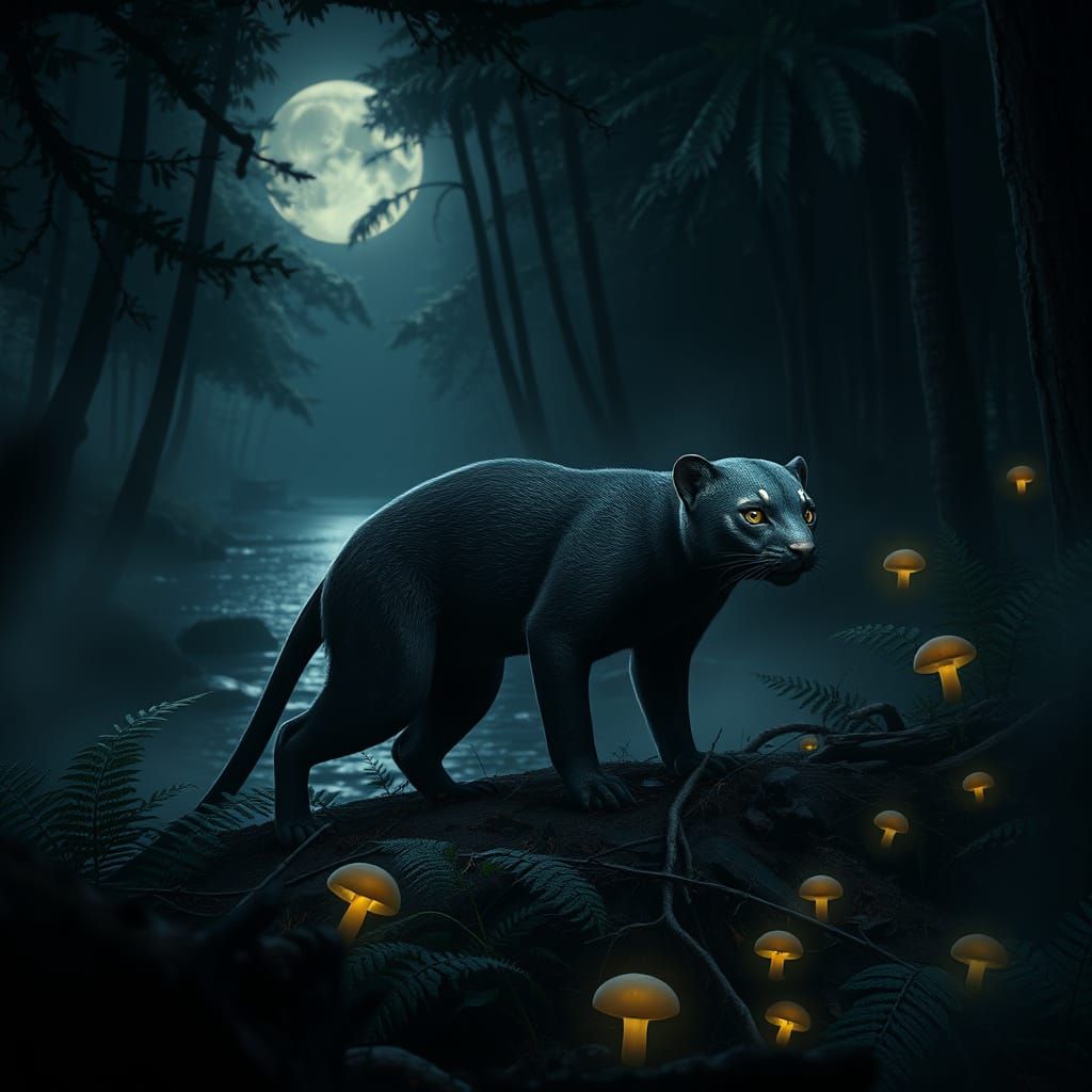 Jaguarundi in Moonlit South American Forest