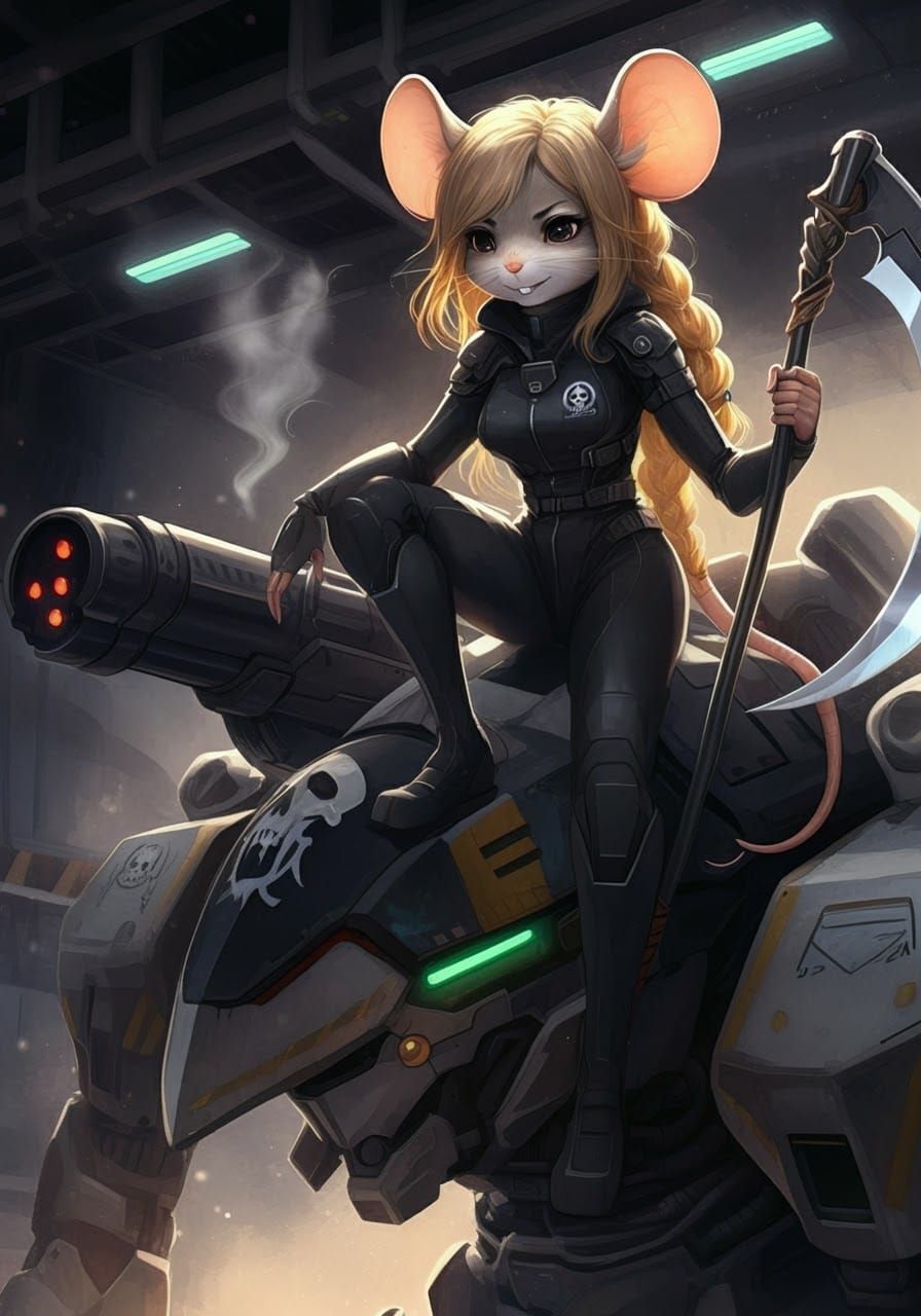 Mouse Grim Reaper on Mech, Watercolour Anime Style