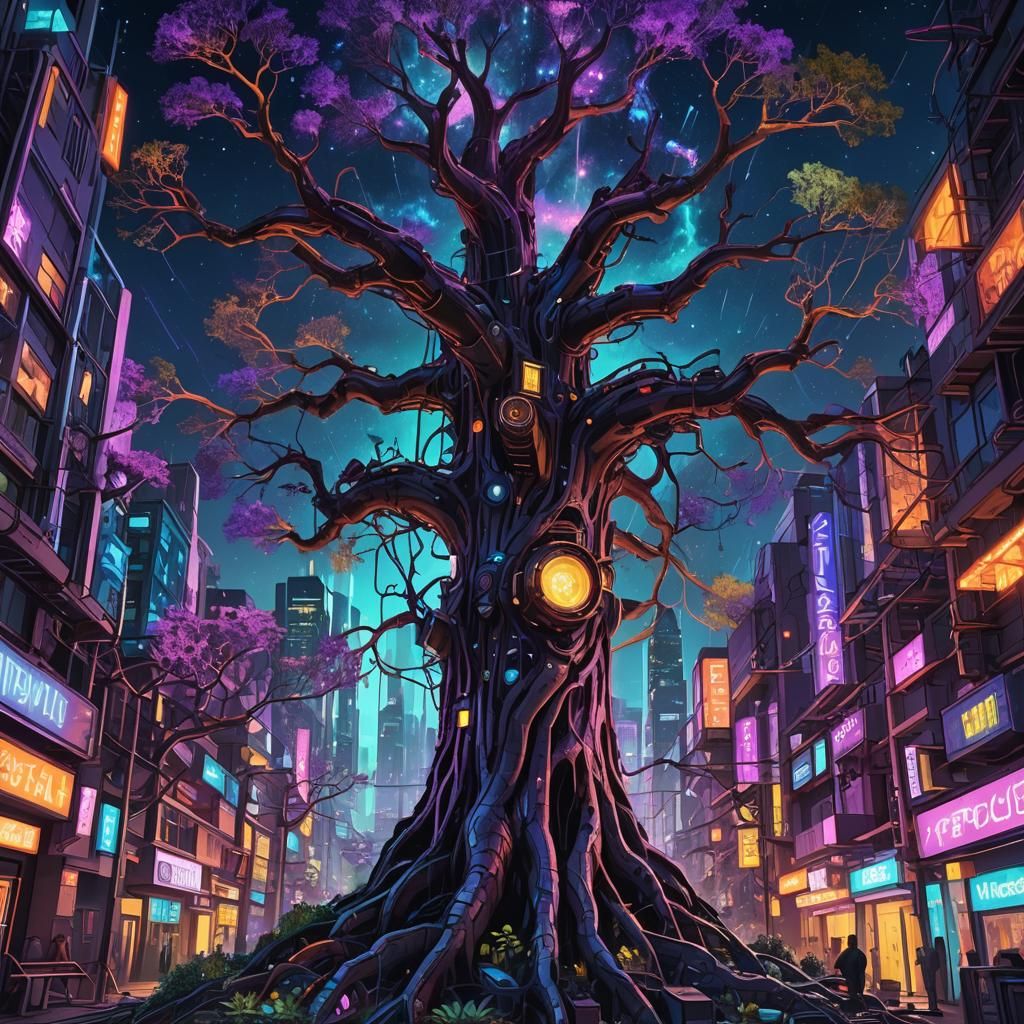 Futuristic Cityscape: Bioluminescent Tree of Worlds