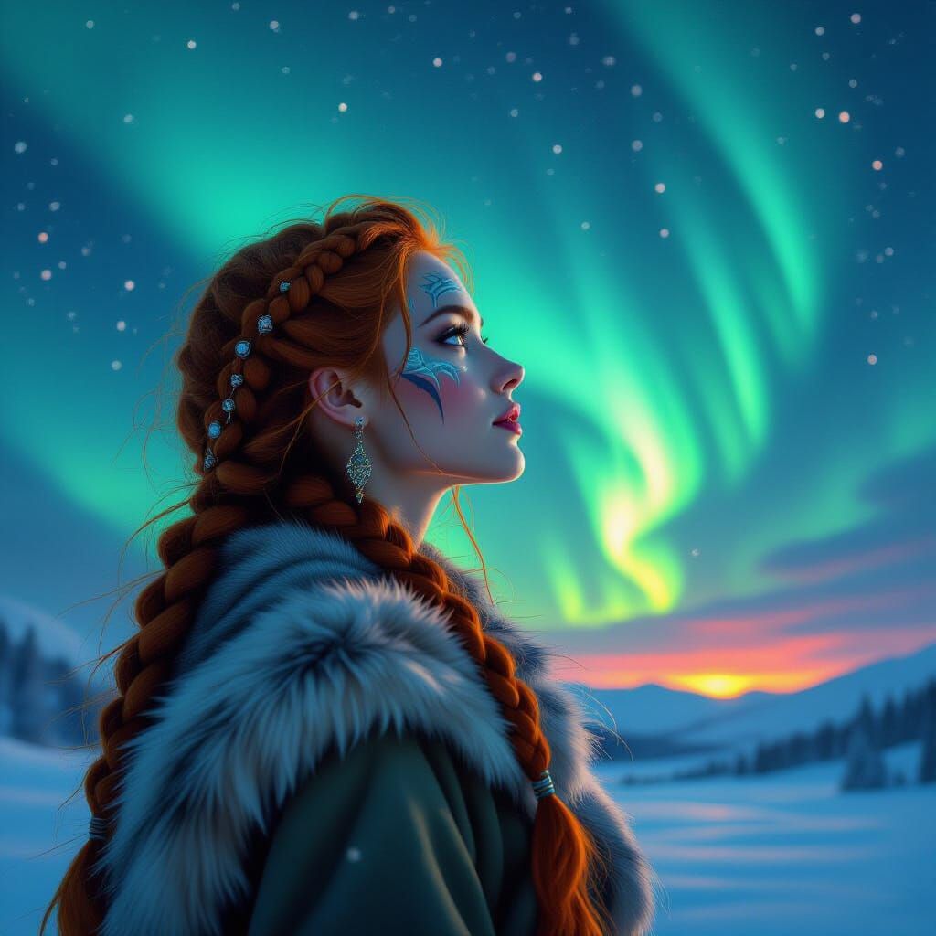 Viking Woman Gazing at Aurora Borealis
