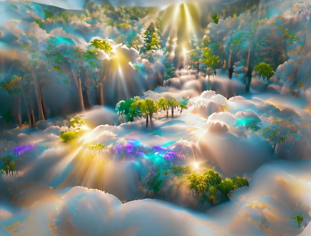 Heavenly Forest Landscape with Iridescent Sunshine Rays