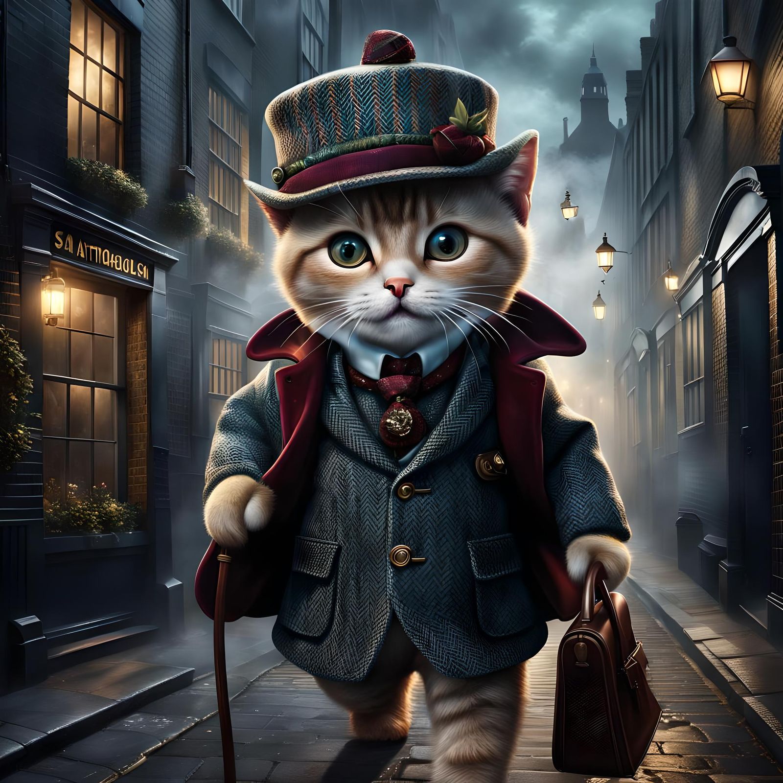 Kitten Sherlock Holmes in Victorian London, Digital Art