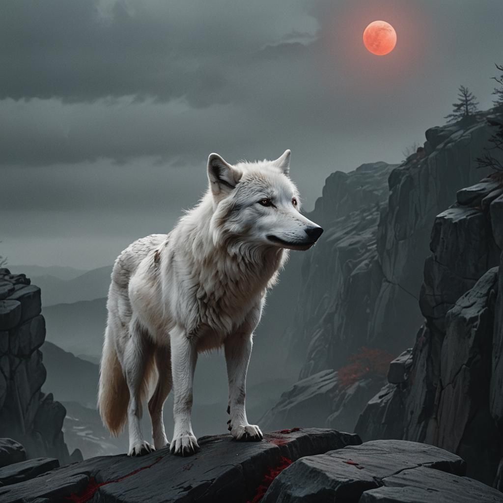 White Wolf Howling at Blood Moon: Cinematic Still