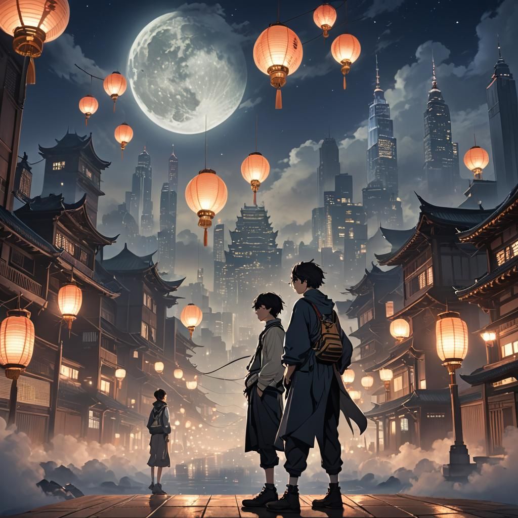 Anime Cityscape with Figures in Digital Art Style