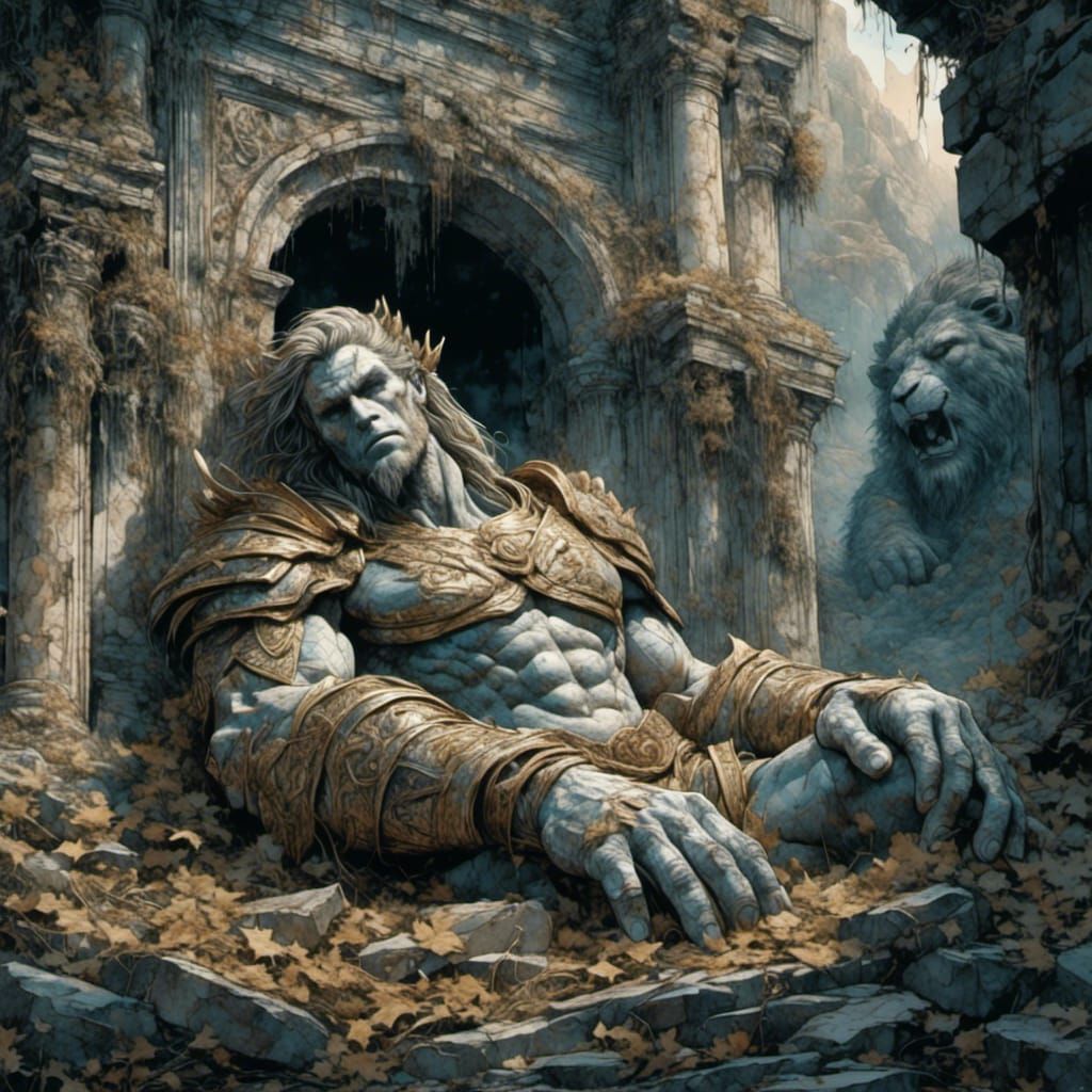Stone Giant's Defeat: Apocalyptic Beauty in Detailed Matte P...