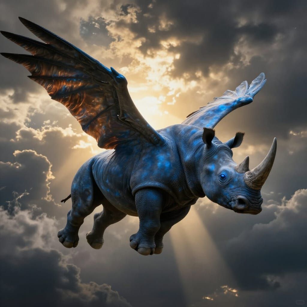 Epic Fantasy Rhino Soars Through Stormy Skies
