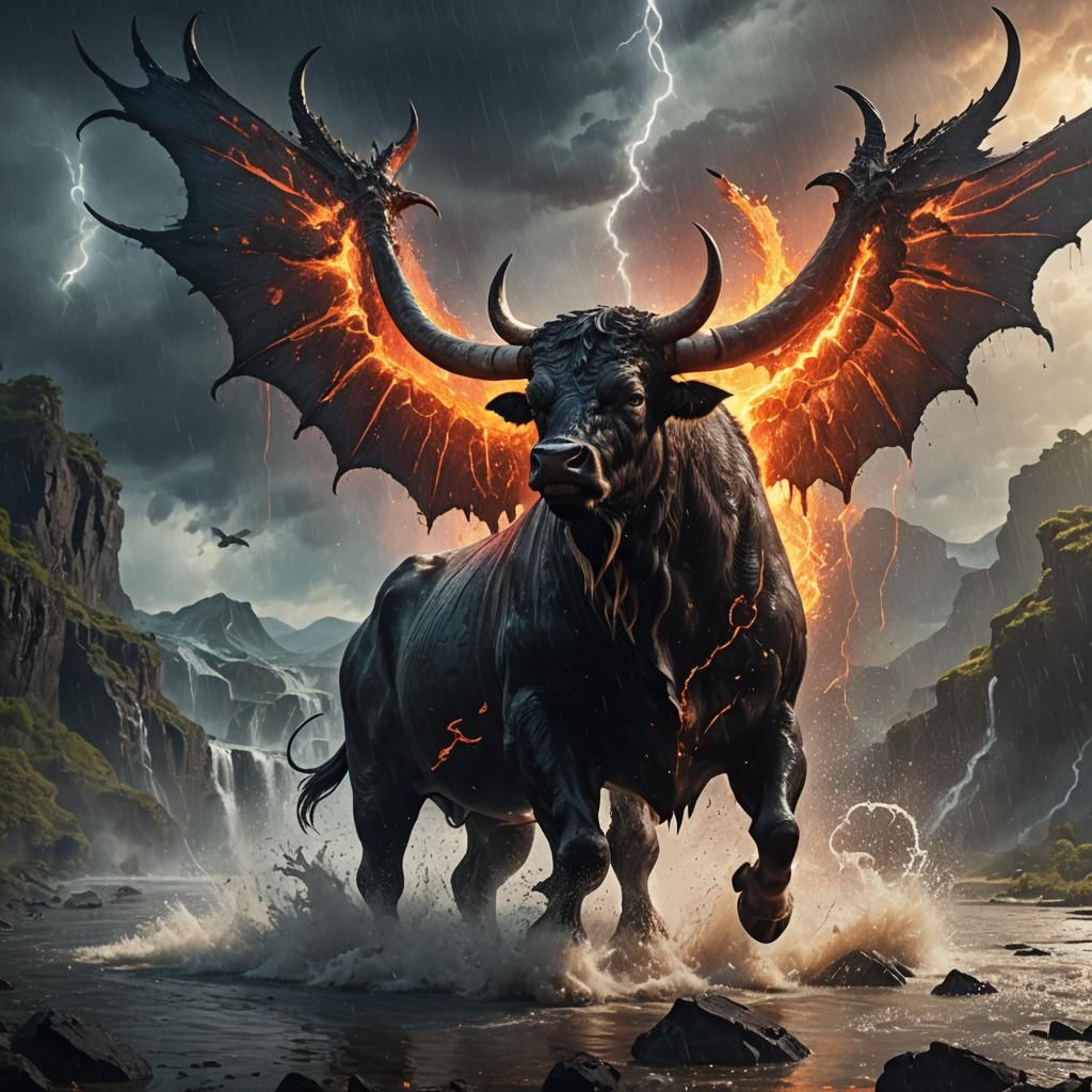 Apocalyptic Bull Soars Over Erupting Volcano