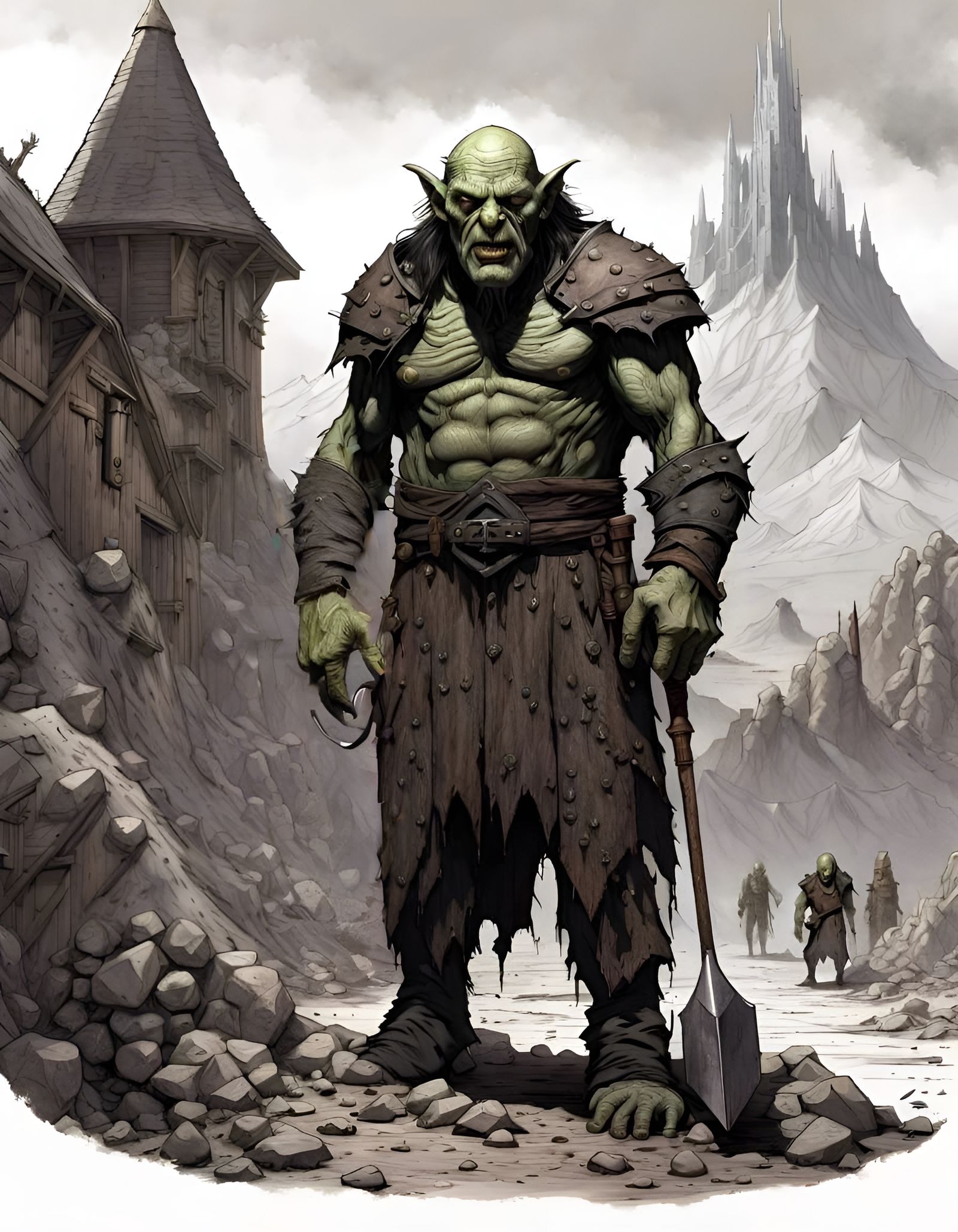 Menacing Orc with Pickaxe in Dark Fantasy Style