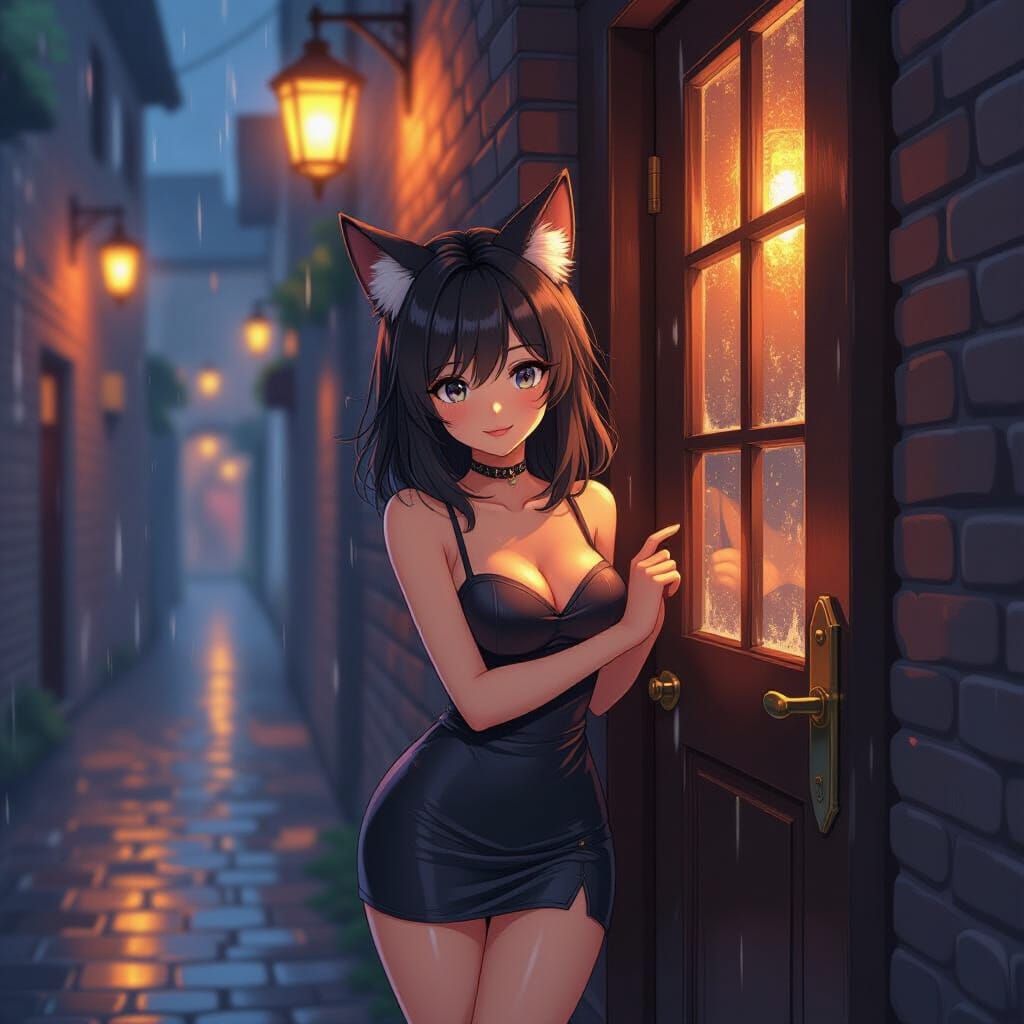 Anime Style Woman with Animal Ears Peeking from Tavern Door