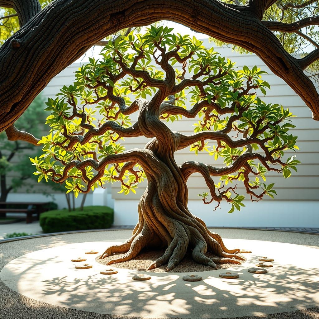Symmetrical Bonsai Tree in Zen Garden