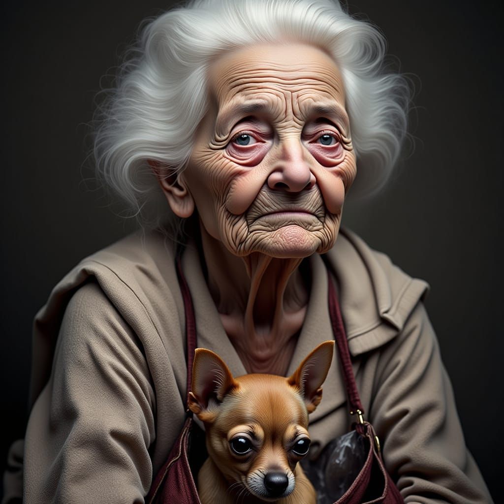 Elderly Woman with Goofy Look Carries Fancy Pet Bag