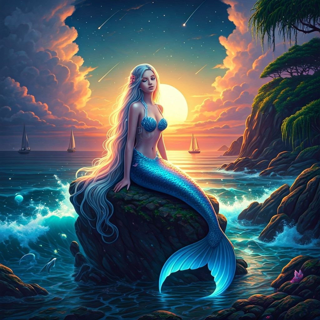 Mermaid on Rocks Under Enchanted Sky, Romantic Watercolor St...