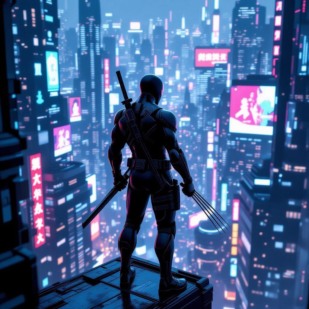 Ninja Surveys Cyberpunk Cityscape with Adamantium Claws