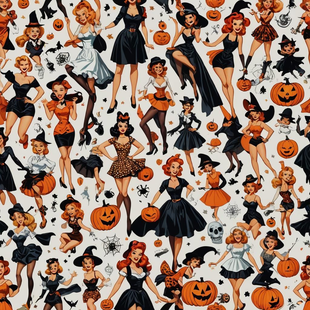 Retro Halloween Pin-Ups on White Background