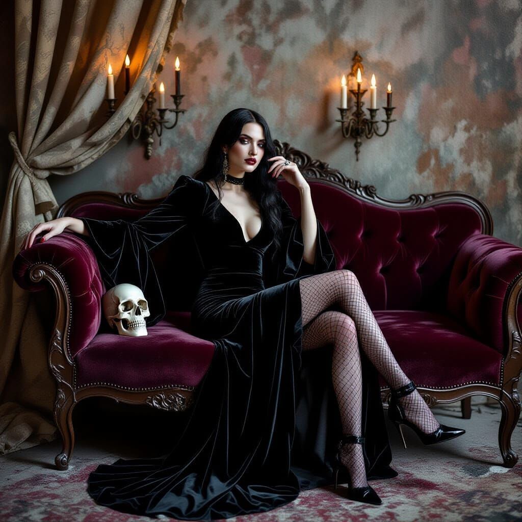 A fashion portrait in the "dark romanticism" style. A model ...